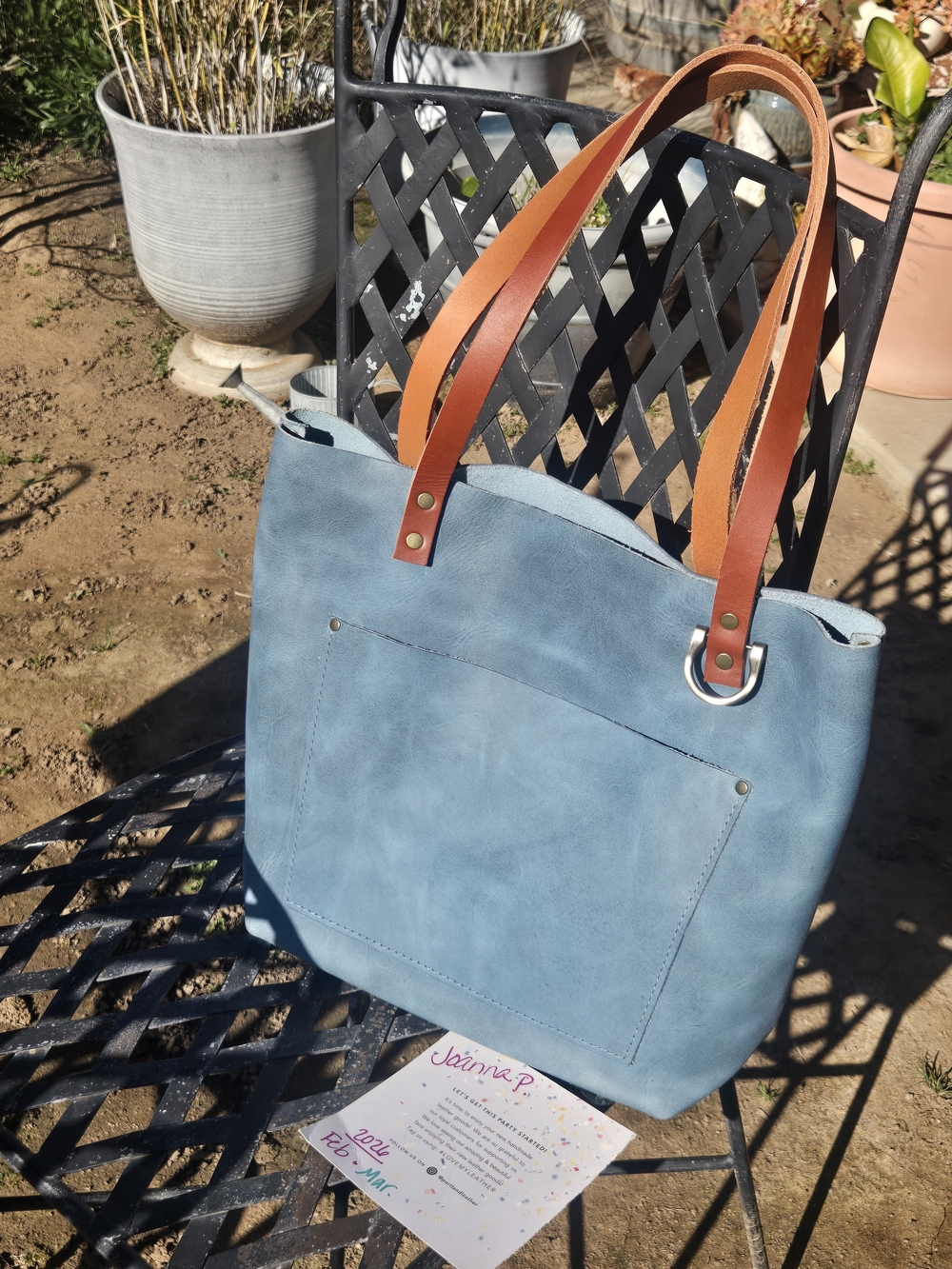 Medium Aqua Tote Bag with Brown Leather Straps - Portland Leather